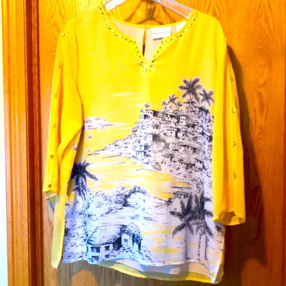 Alfred Dunner 14 notched V neck sheer yellow top tunic blouse embellished print